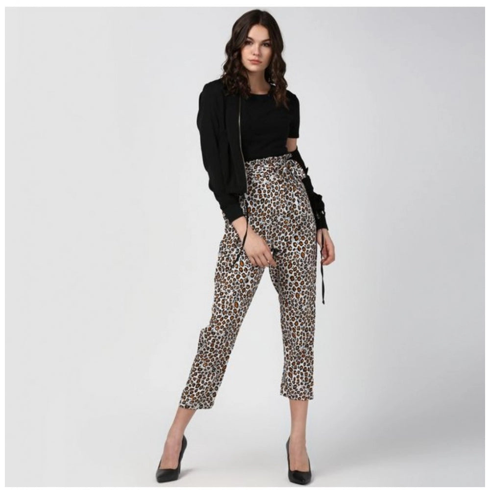 HD Women's Polyester Animal Print Elasticated Trousers (White - Yellow)