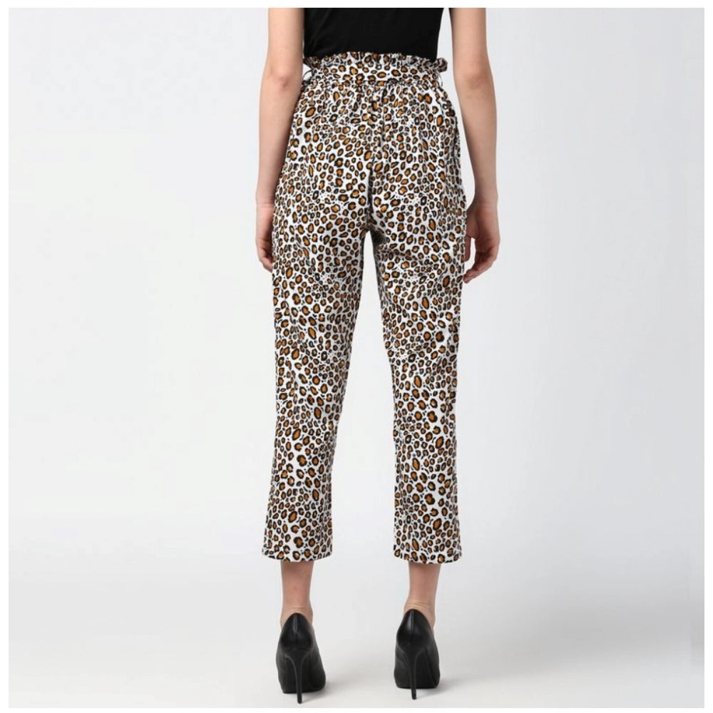HD Women's Polyester Animal Print Elasticated Trousers (White - Yellow)