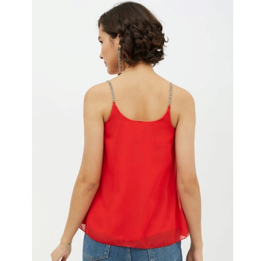 HD Women's Polyester Embellished Shoulder Straps Top (Red)