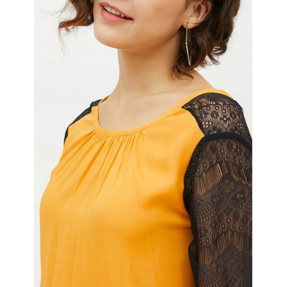HD Women's Rayon Lace Inserts Long Sleeves Top (Yellow)