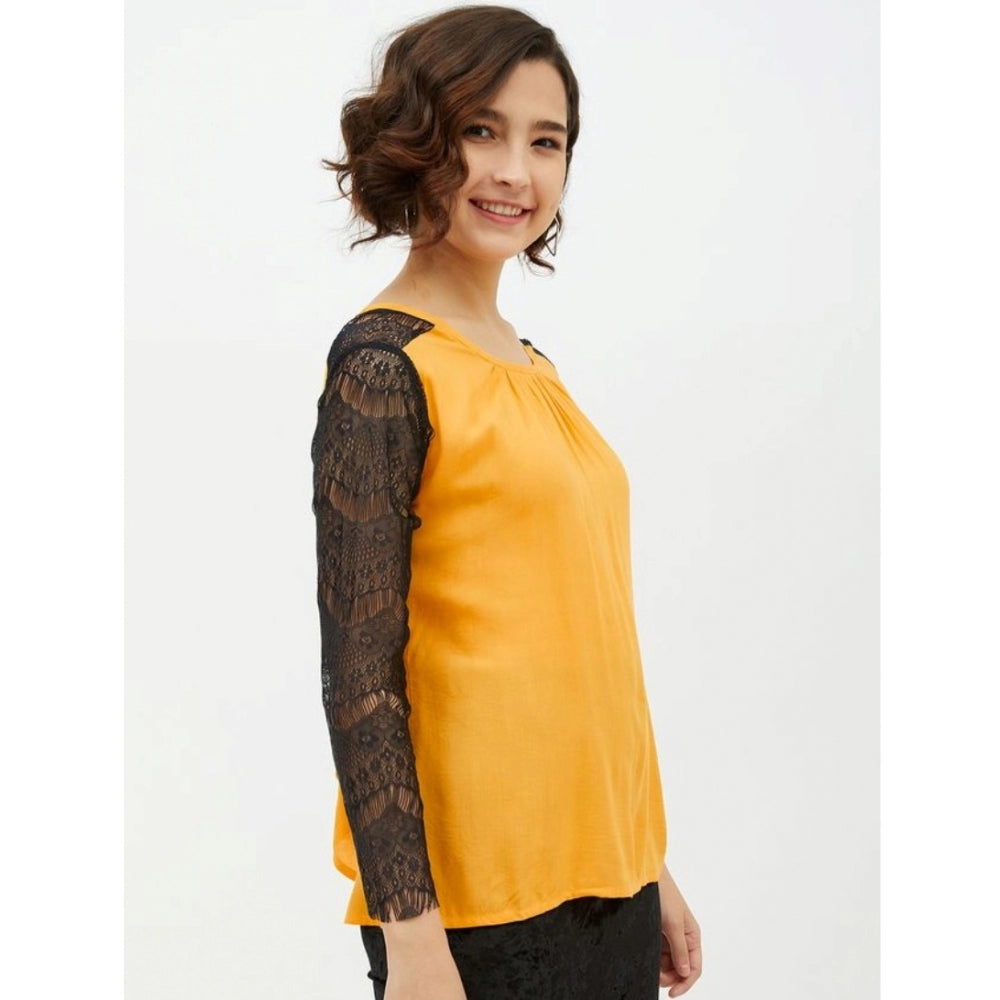 HD Women's Rayon Lace Inserts Long Sleeves Top (Yellow)