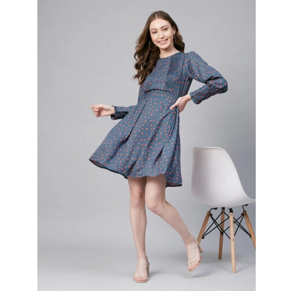 HD Women's Polyester Polka Long Sleeves Above Knee Dress (Grey - Coral)