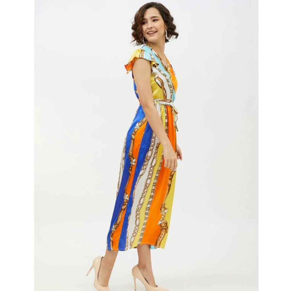 HD Women's Satin Chain Print Cap Sleeve Calf-length Dress (Multicolor)