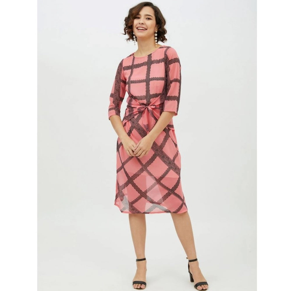 HD Women's Polyester Checkered 3-4th Sleeves Below Knee Dress (Pink)