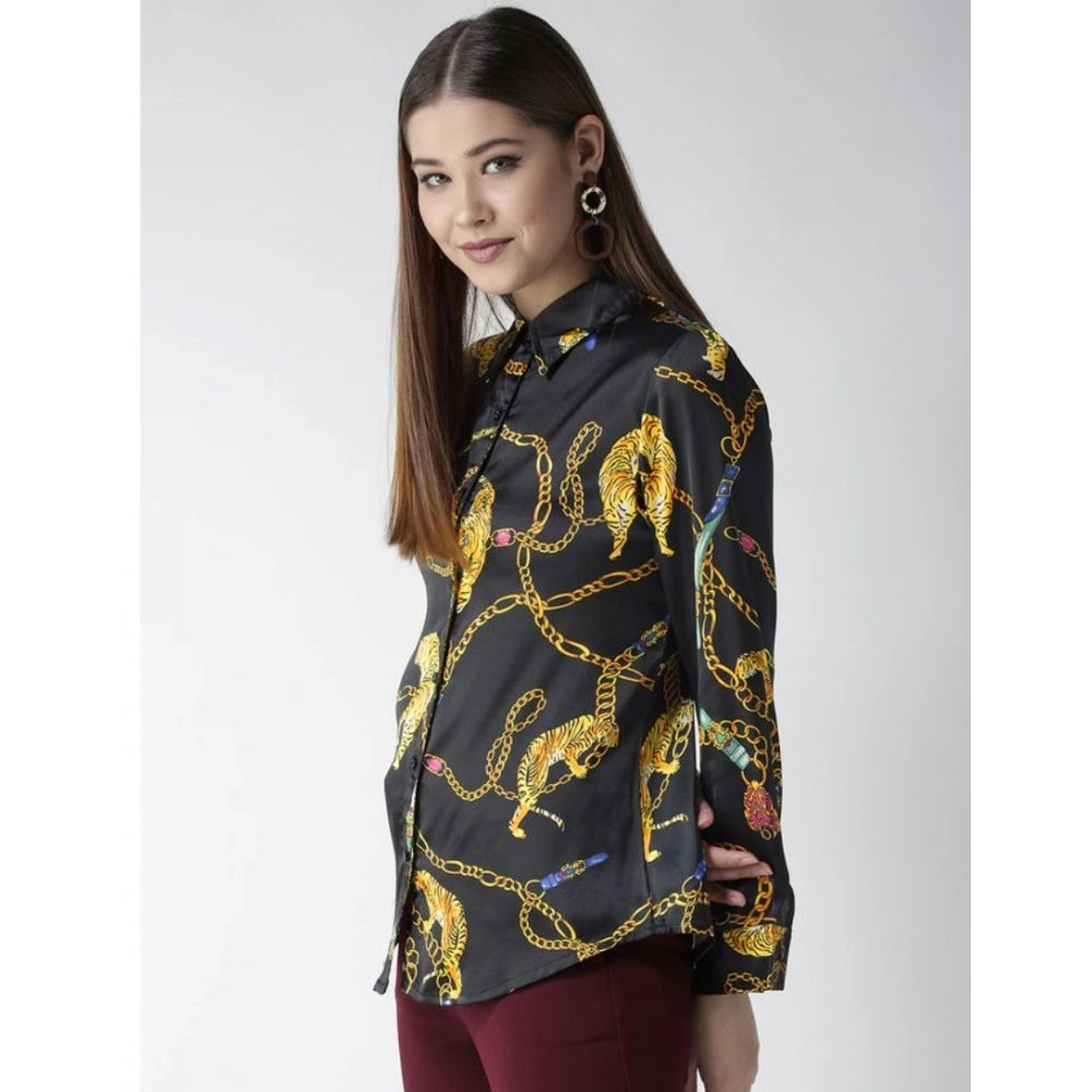 HD Women's Satin Printed Long Sleeves Standard Length Shirt (Black - Gold)