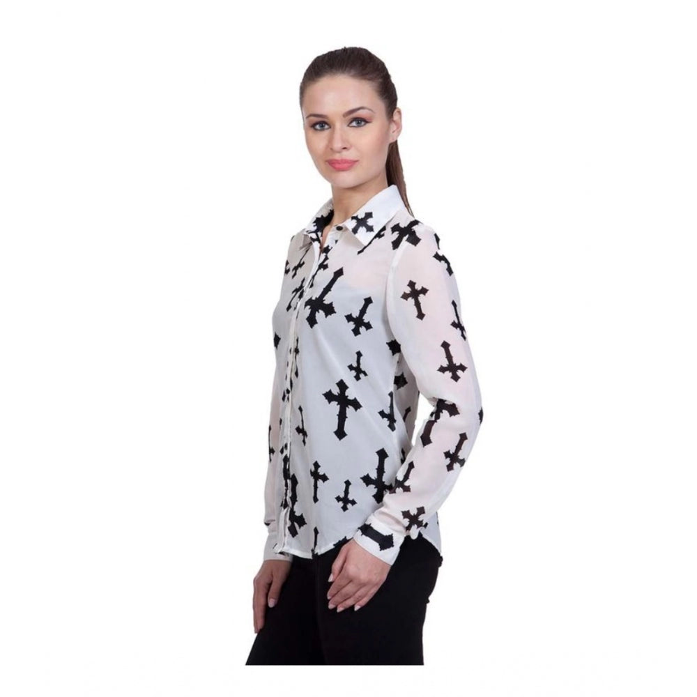 HD Women's Polyester Printed Long Sleeves Standard Length Shirt (White)