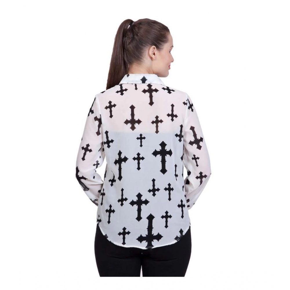 HD Women's Polyester Printed Long Sleeves Standard Length Shirt (White)