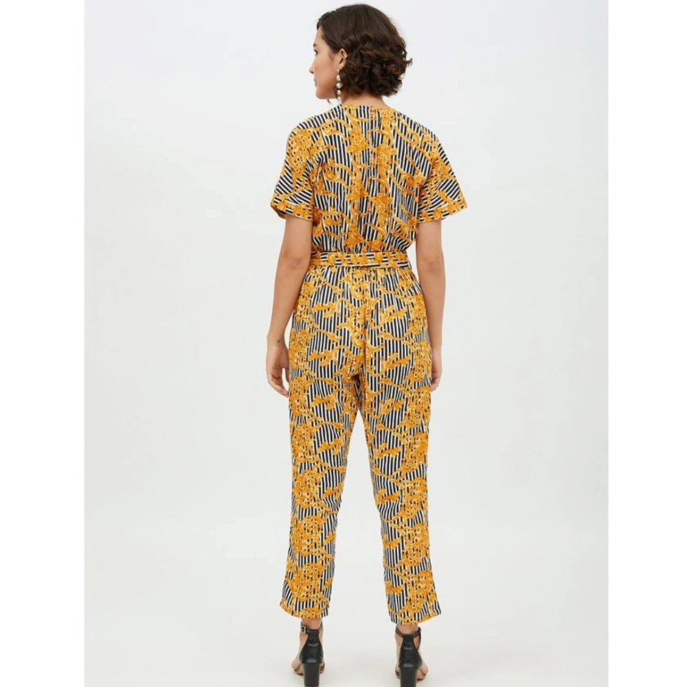 HD Women's Polyester Printed Half Sleeve Long Jumpsuit (Yellow)