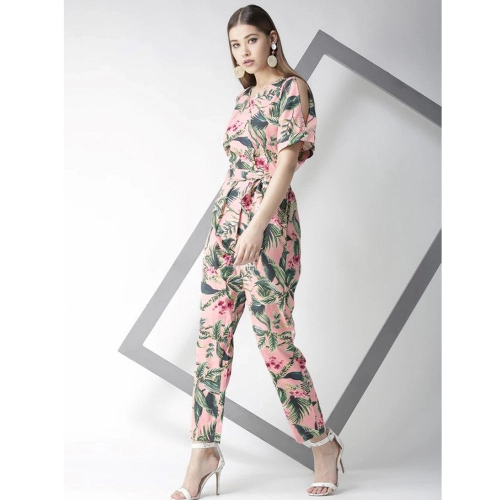 HD Women's Polyester Floral Half Sleeve Jumpsuit (Pink)