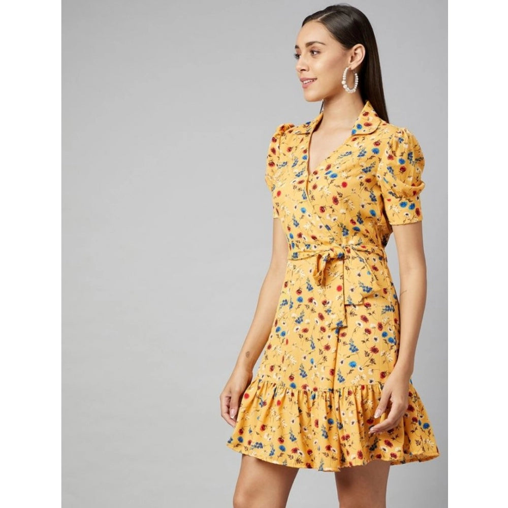 HD Women's Polyester Floral Short Sleeve Above Knee Dress (Yellow)
