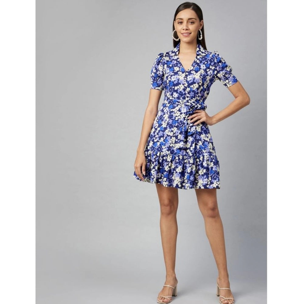 HD Women's Polyester Floral Short Sleeve Above Knee Dress (Blue - Purple)