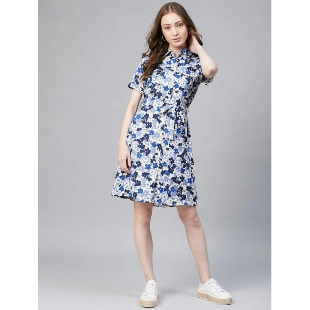 HD Women's Polyester Floral Short Sleeve Above Knee Dress (Blue - White)
