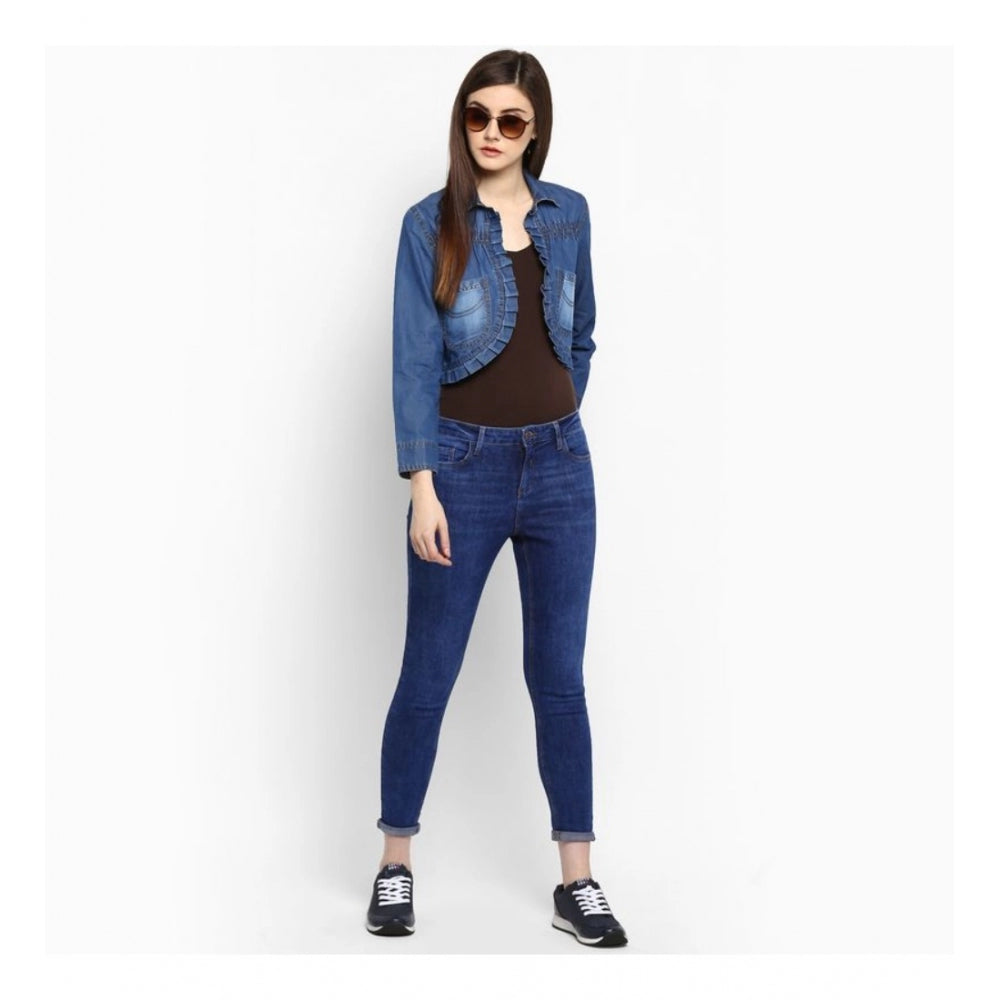 HD Women's Denim Pleated 3-4th Sleeves Shrug (Blue)