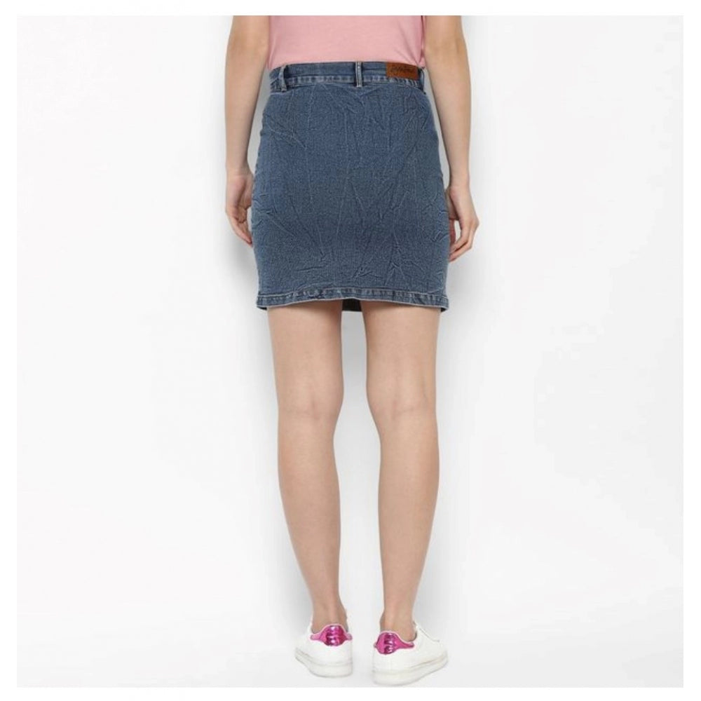 HD Women's Denim Front Pocket Buttoned Skirt (Blue)