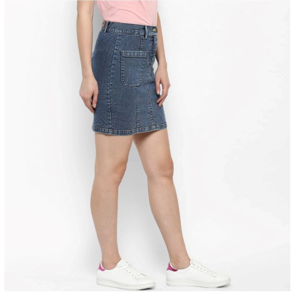 HD Women's Denim Front Pocket Buttoned Skirt (Blue)