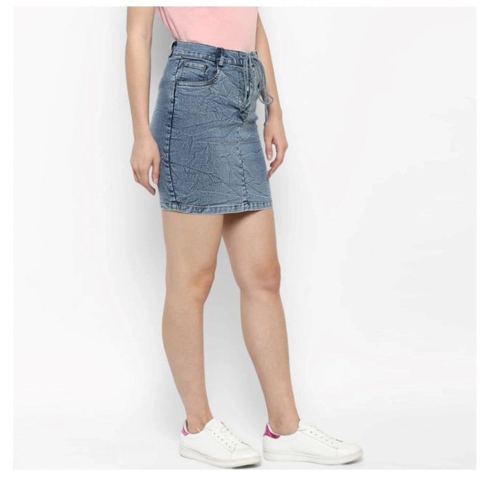 HD Women's Denim Draw String Buttoned Skirt (Blue)