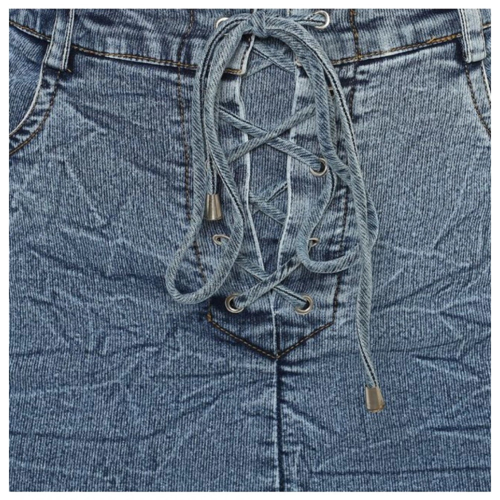 HD Women's Denim Draw String Buttoned Skirt (Blue)
