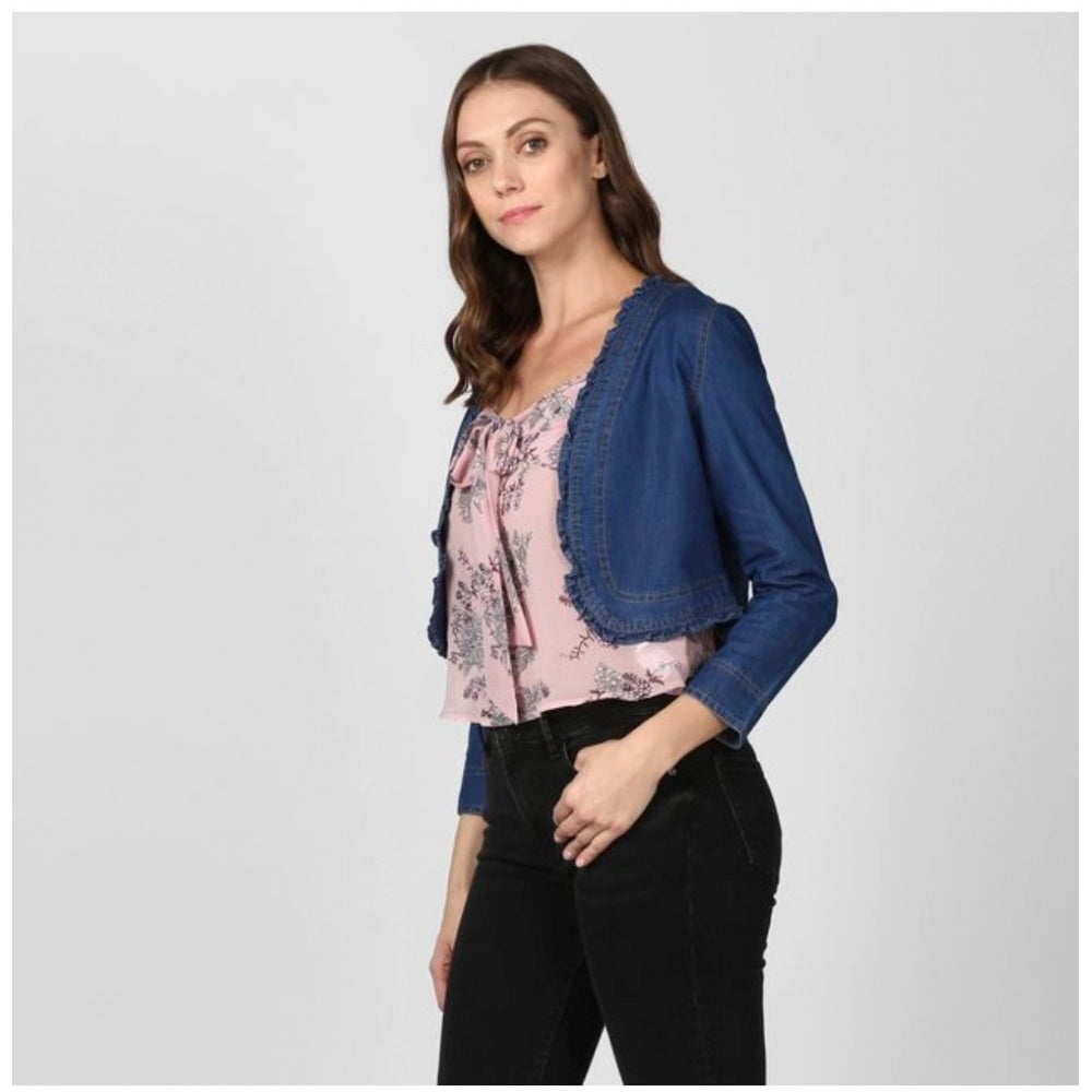 HD Women's Denim Ruffled Long Sleeves Shrug (Navy Blue)