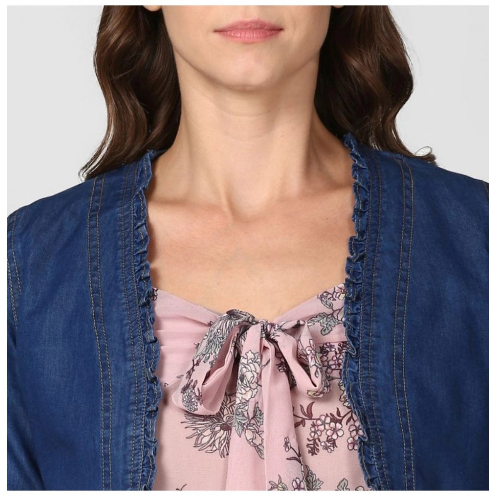 HD Women's Denim Ruffled Long Sleeves Shrug (Navy Blue)