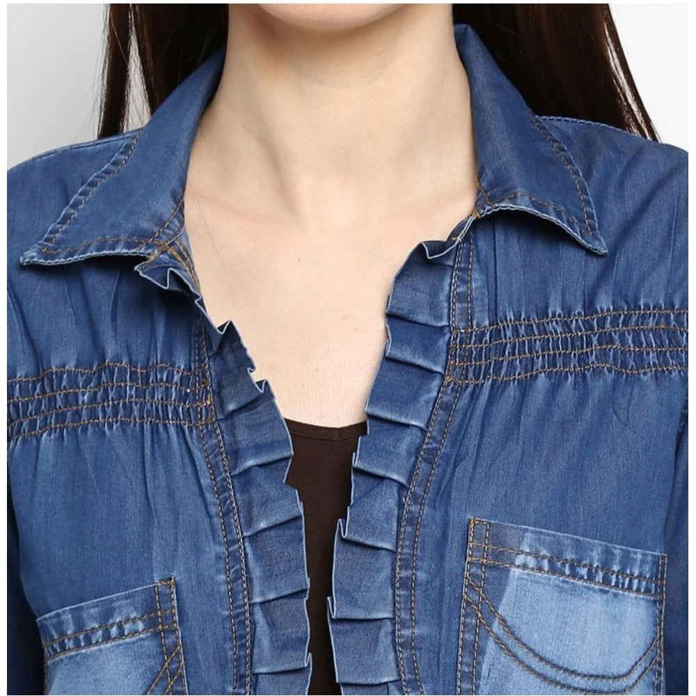 HD Women's Denim Pleated 3-4th Sleeves Shrug (Blue)