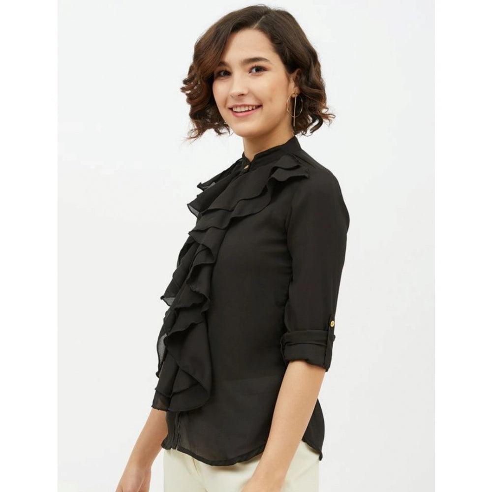 HD Women's Polyester Ruffled Long Sleeves Standard Length Shirt (Black)