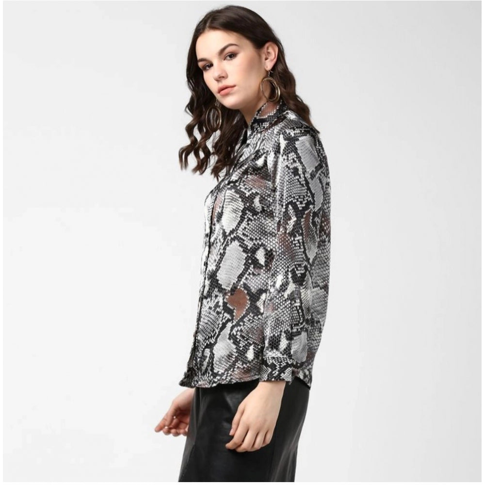 HD Women's Satin Animal Print Long Sleeves Standard Length Shirt (Black - Grey)