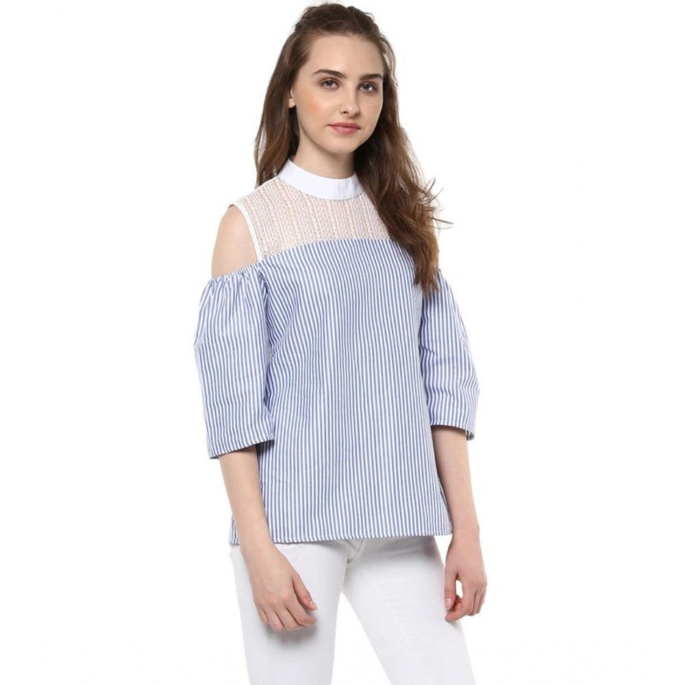 HD Women's Cotton Striped Cold Shoulder Top (Blue)