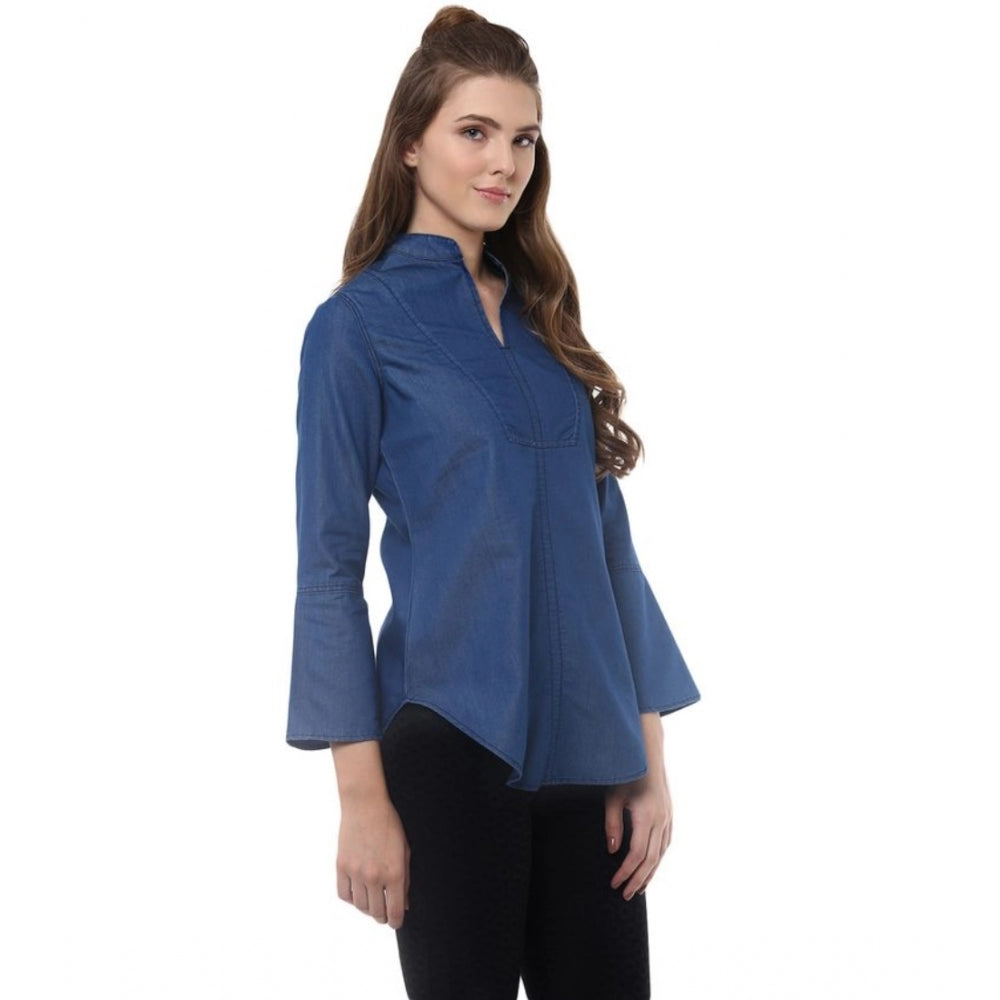 HD Women's Denim Solid Bell Sleeve Regular Top (Blue Denim)