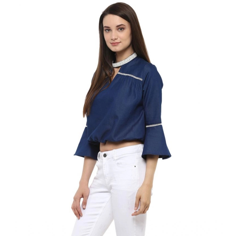 HD Women's Polyester Solid Bell Sleeve Regular Top (Blue)
