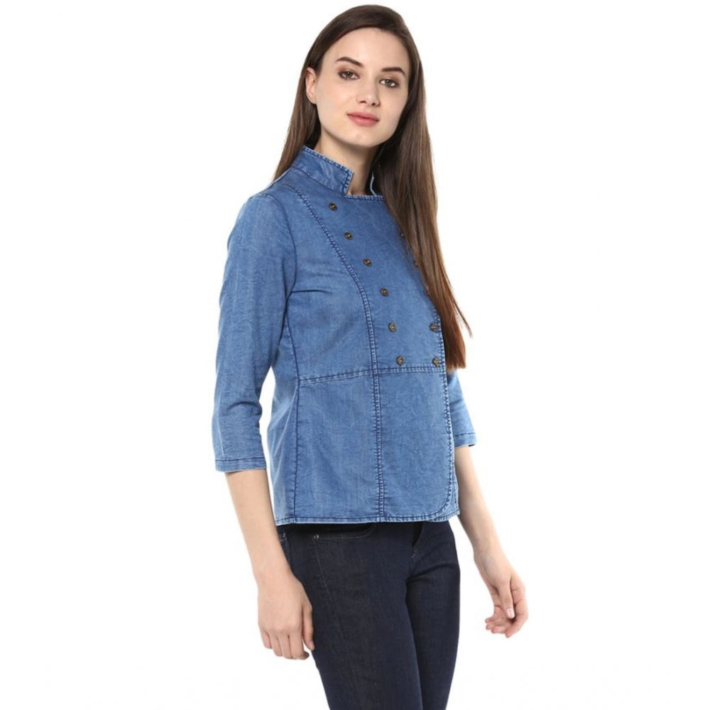 HD Women's Denim Solid 3-4th Sleeves Regular Top (Blue)