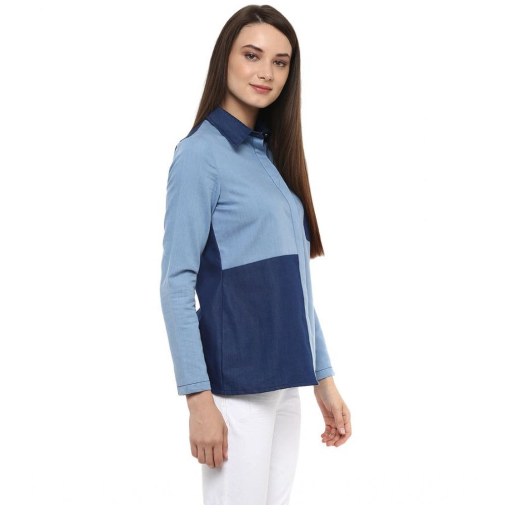 HD Women's Denim Patch Work Long Sleeves Regular Top (Blue)