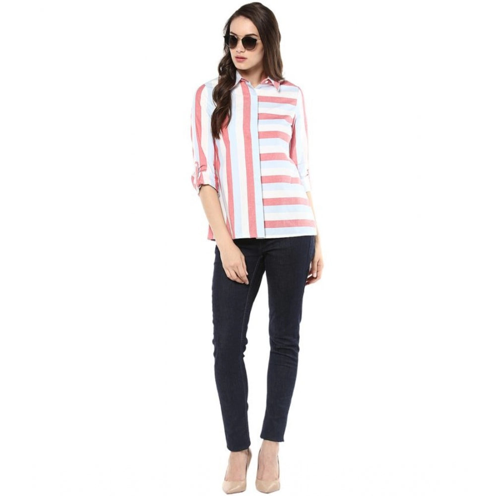 HD Women's Cotton Striped Roll Up Sleeve Regular Top (Red)