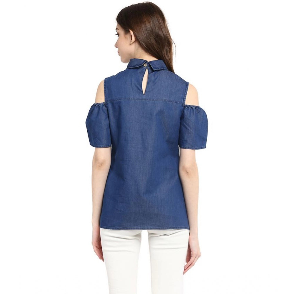 HD Women's Denim Solid Cold Shoulder Regular Top (Blue)