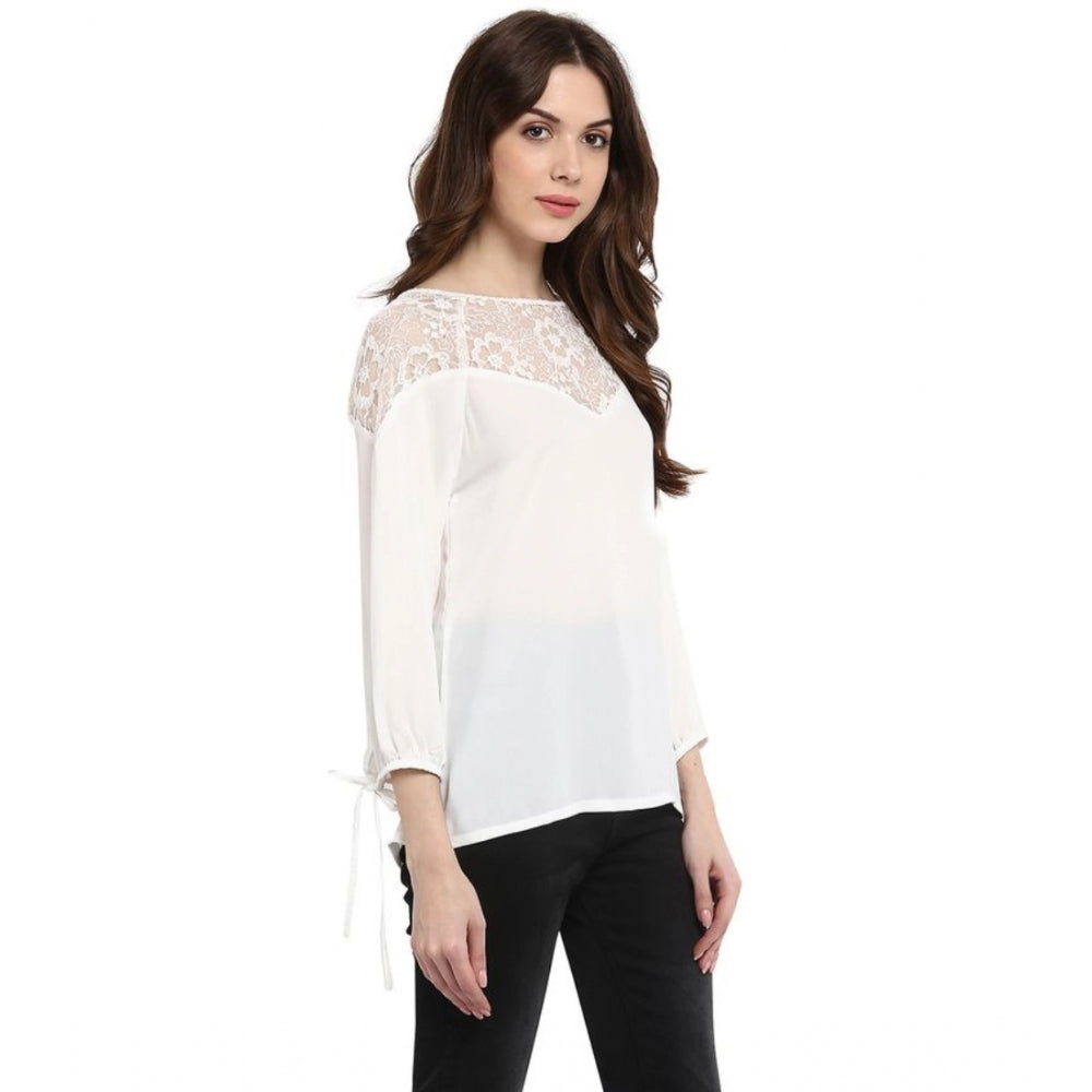 HD Women's Polyester Georgette Self Design 3-4th Sleeves Regular Top (White)