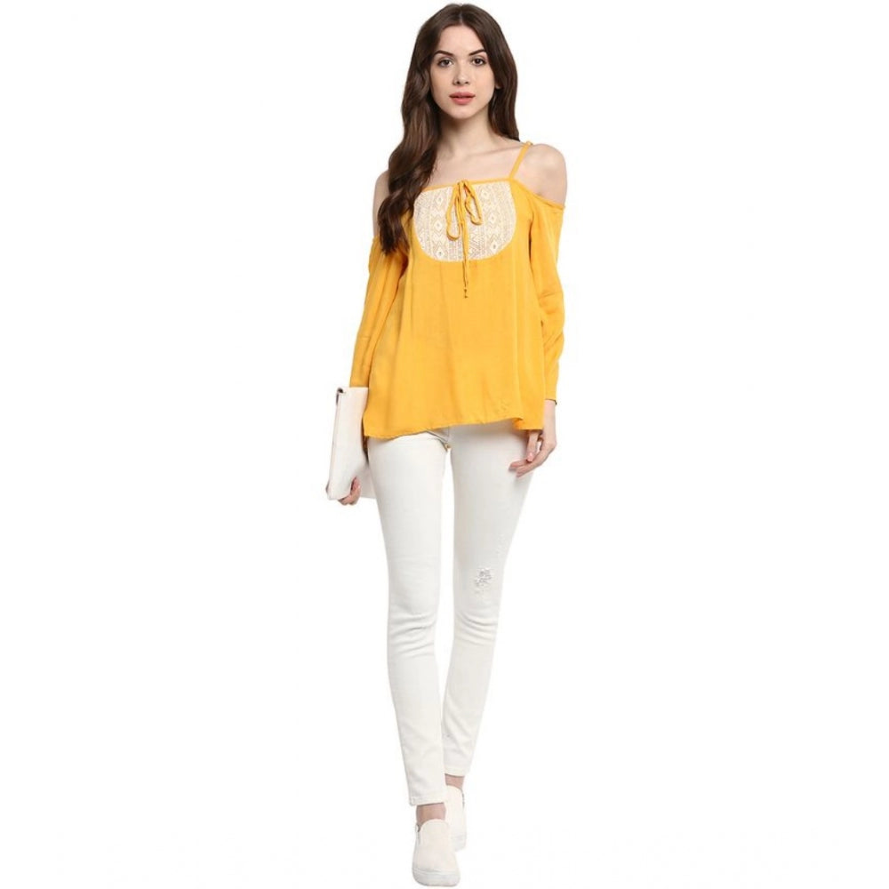 HD Women's Rayon Embellished Cold Shoulder Regular Top (Mustard Yellow)