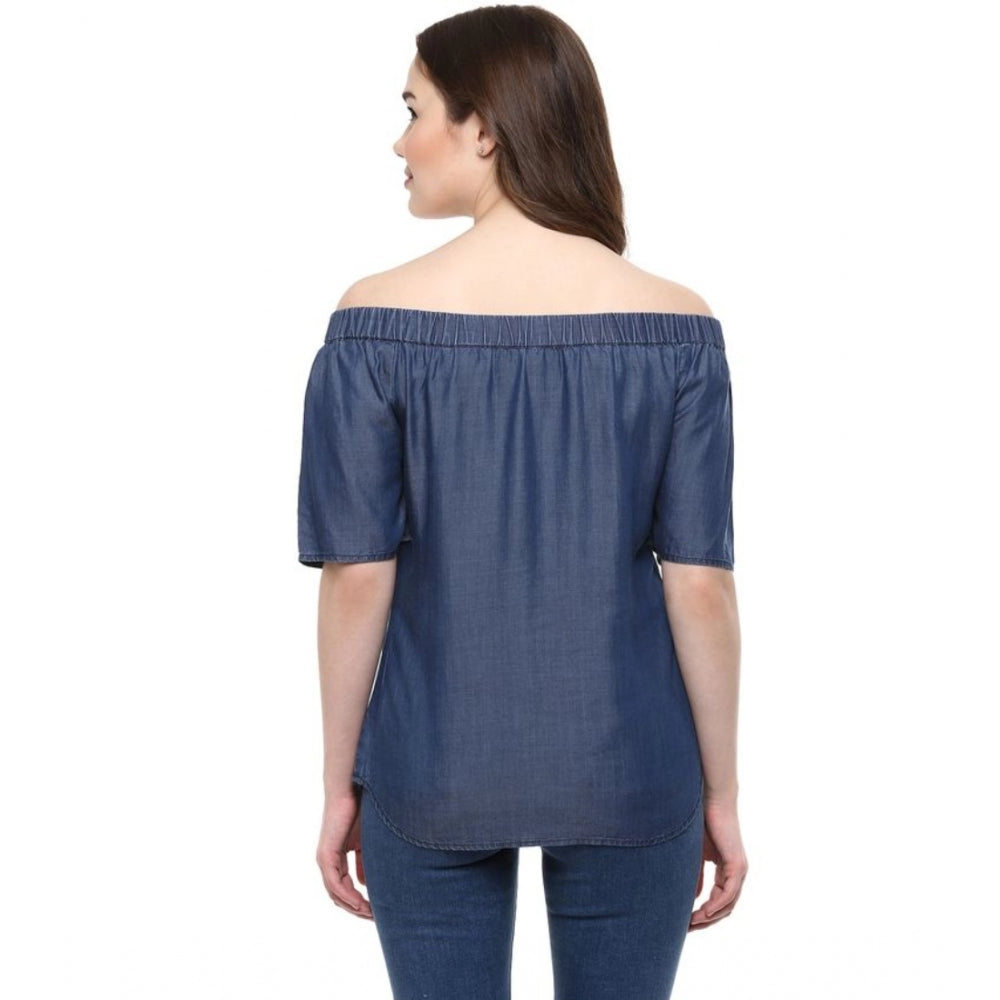 HD Women's Denim Solid Short Sleeve Regular Top (Blue)