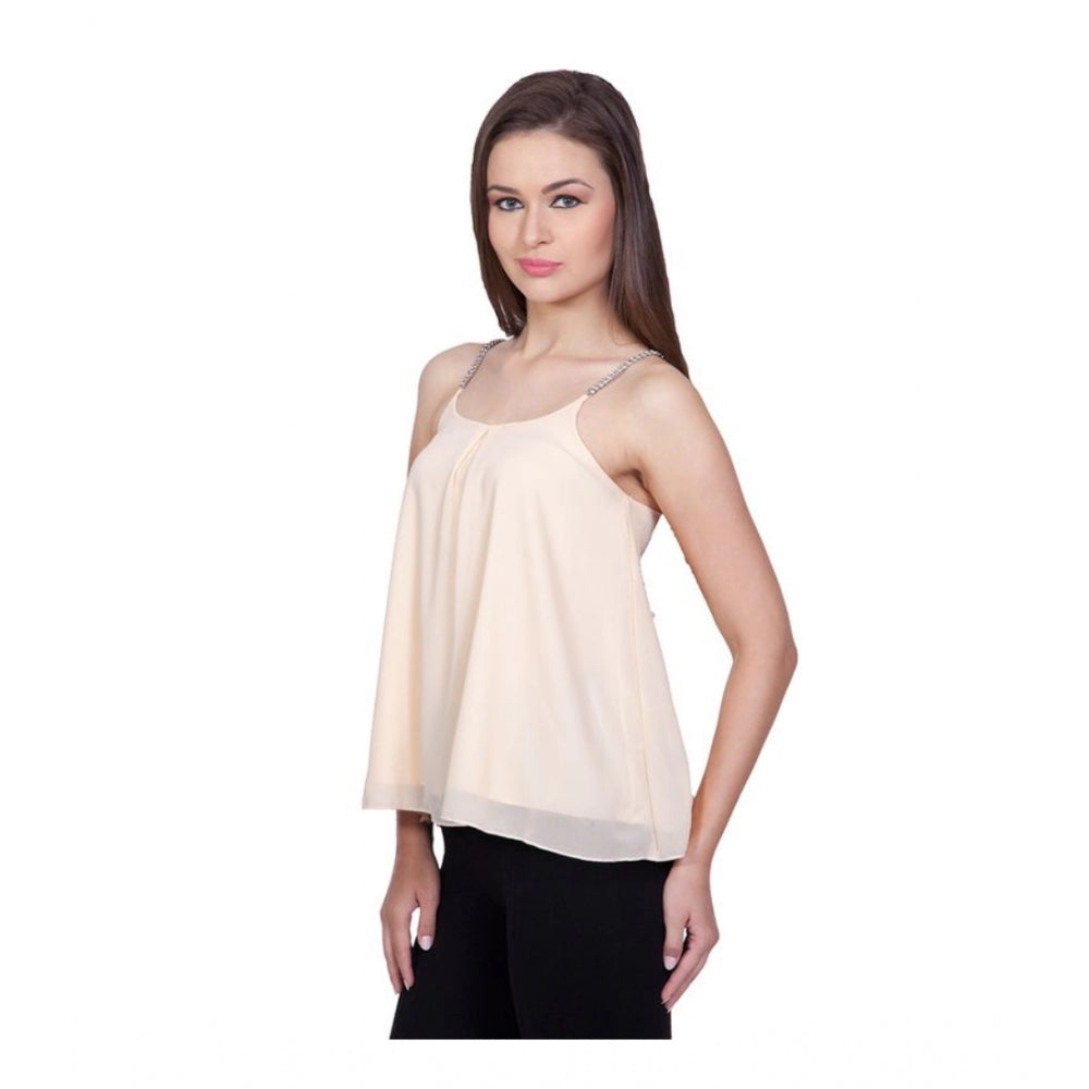 HD Women's Polyester Solid Shoulder Straps Regular Top (Beige)