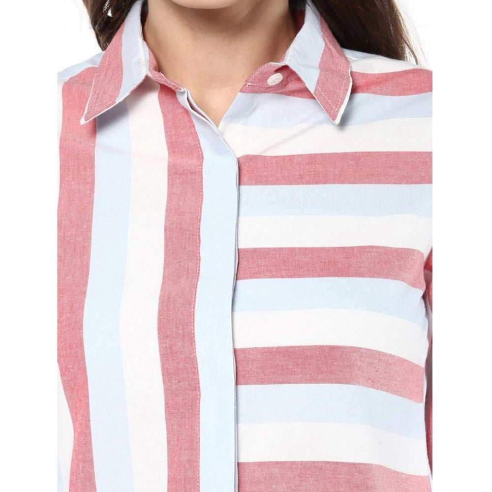 HD Women's Cotton Striped Roll Up Sleeve Regular Top (Red)