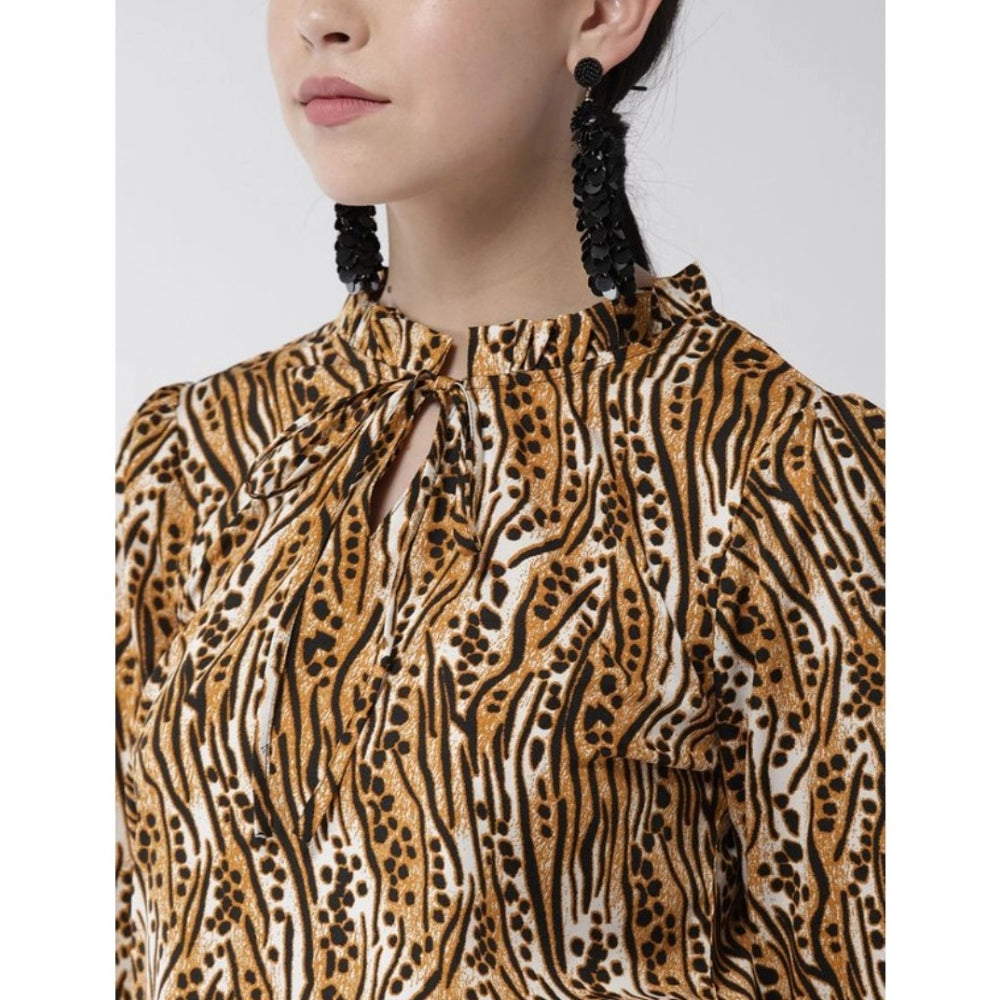 HD Women's Polyester Printed Bell Sleeve Top (Orange - Black)