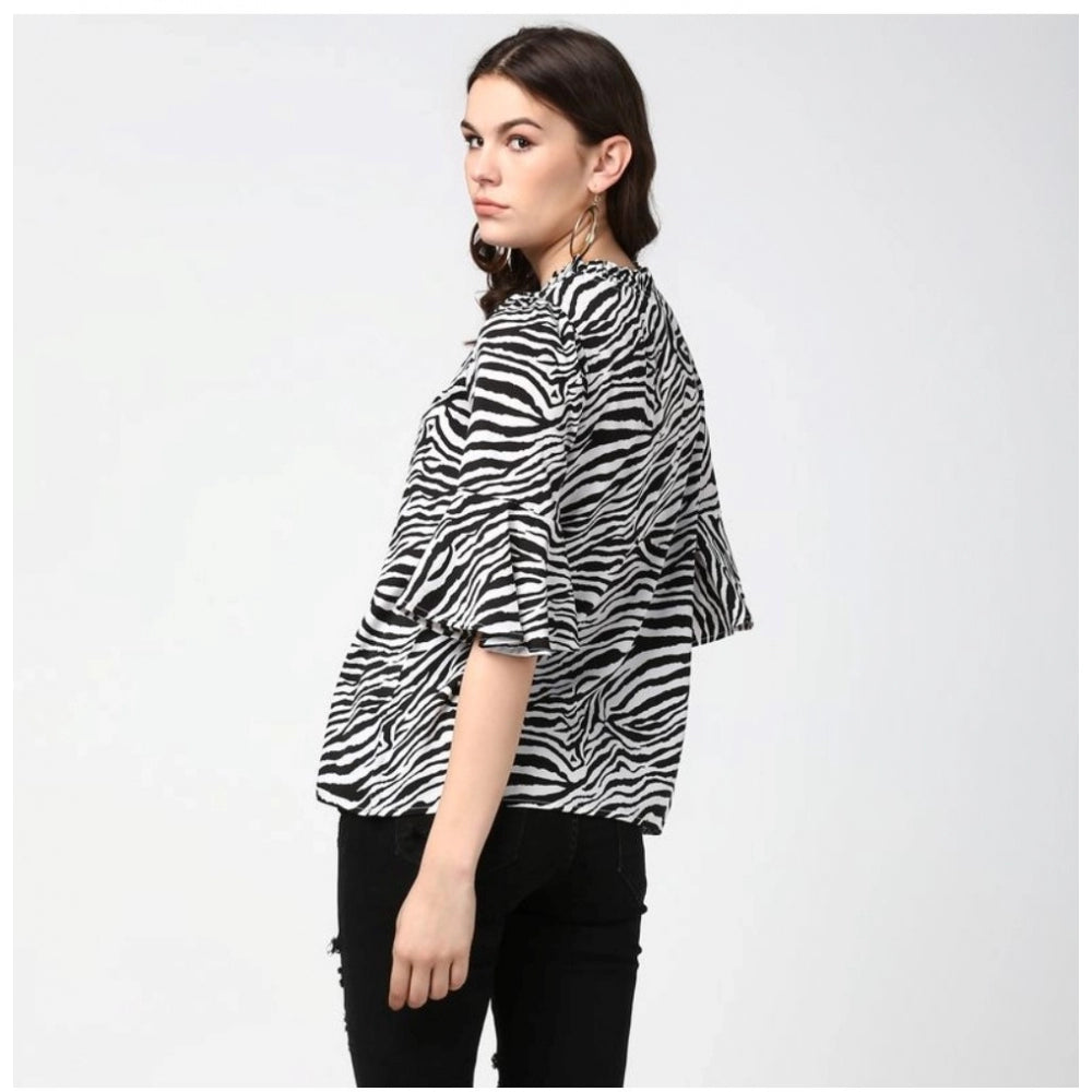 HD Women's Polyester Animal Print Bell Sleeve Top (Black - White)