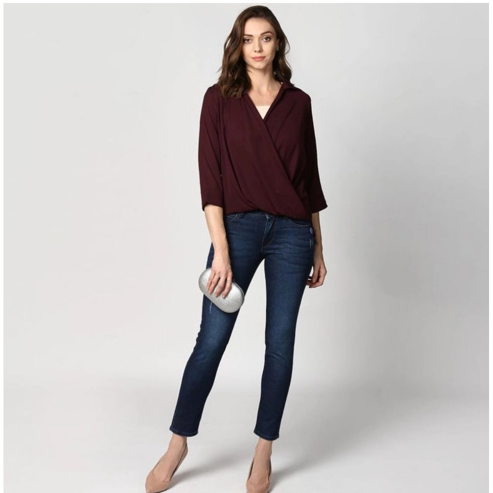 HD Women's Polyester Solid 3-4th Sleeves Top (Maroon)