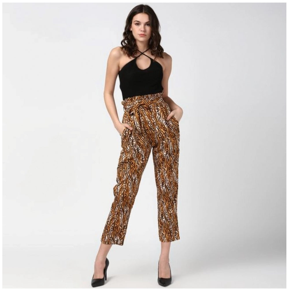 HD Women's Polyester Animal Print Elasticated Trousers (Orange - Black)