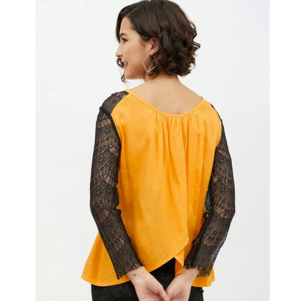 HD Women's Rayon Lace Inserts Long Sleeves Top (Yellow)