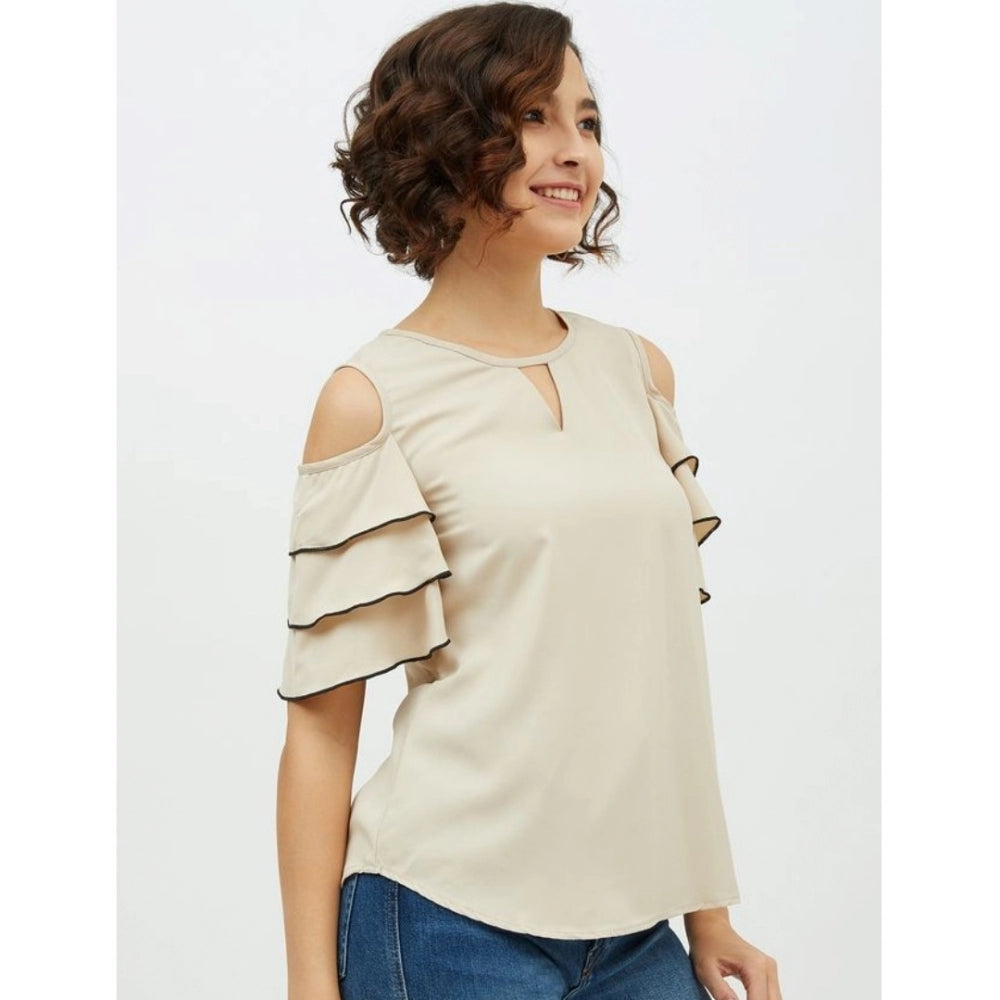 HD Women's Polyester Tiered Cold Shoulder Top (Beige)