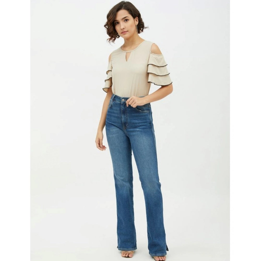 HD Women's Polyester Tiered Cold Shoulder Top (Beige)