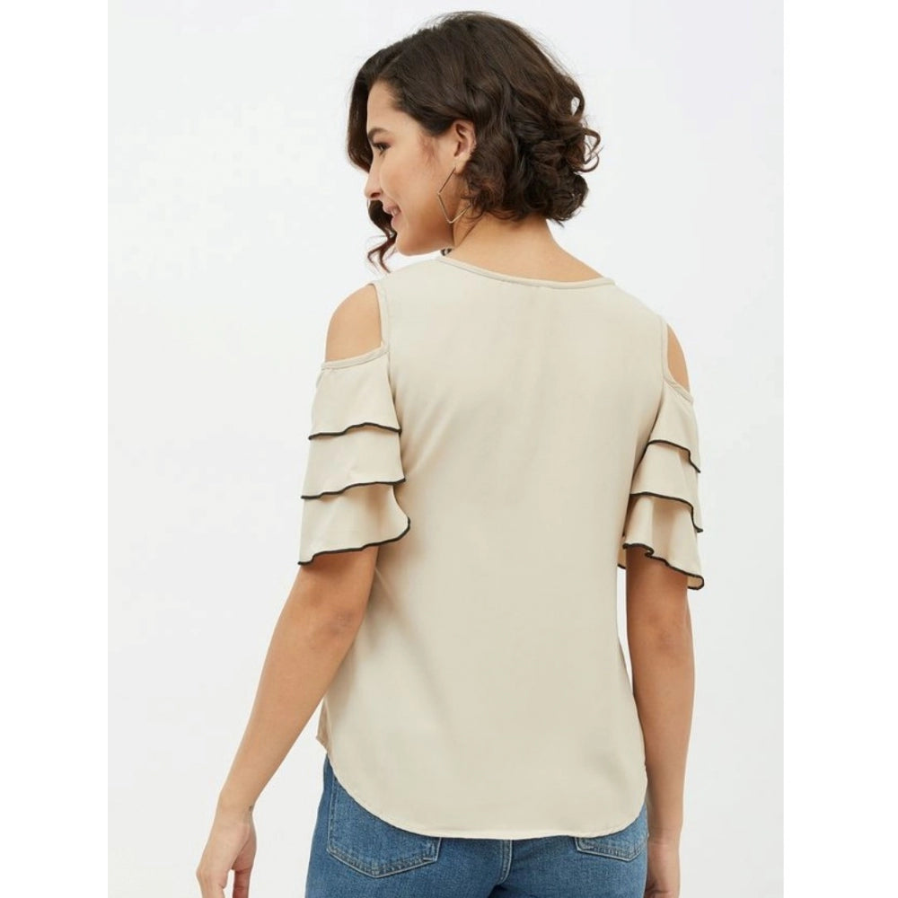 HD Women's Polyester Tiered Cold Shoulder Top (Beige)