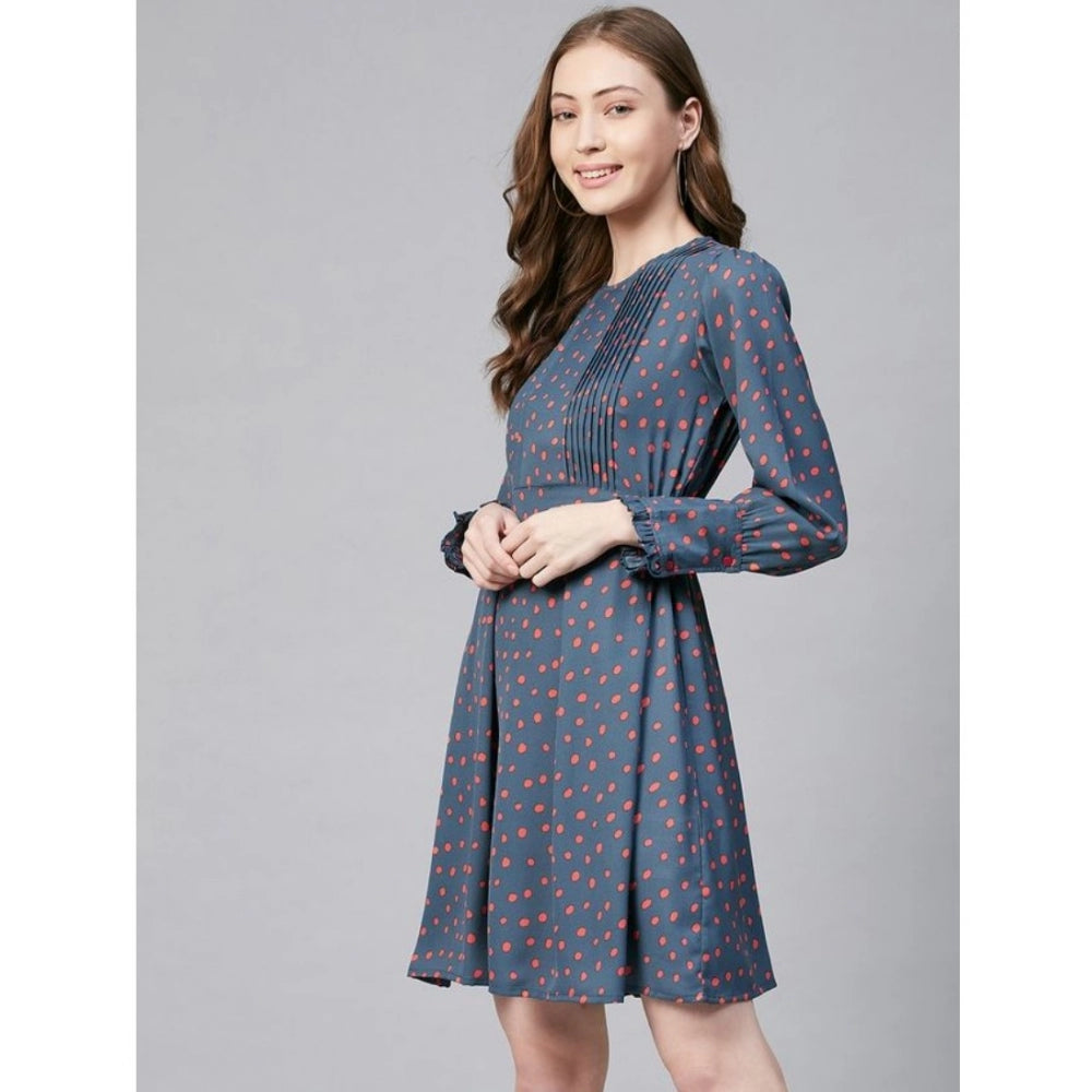 HD Women's Polyester Polka Long Sleeves Above Knee Dress (Grey - Coral)