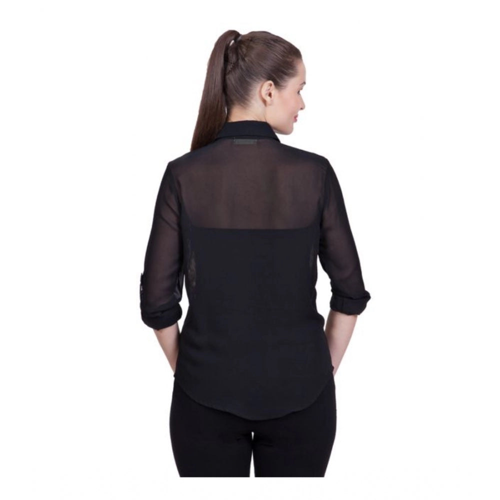 HD Women's Polyester Printed Roll Up Sleeve Standard Length Shirt (Black)