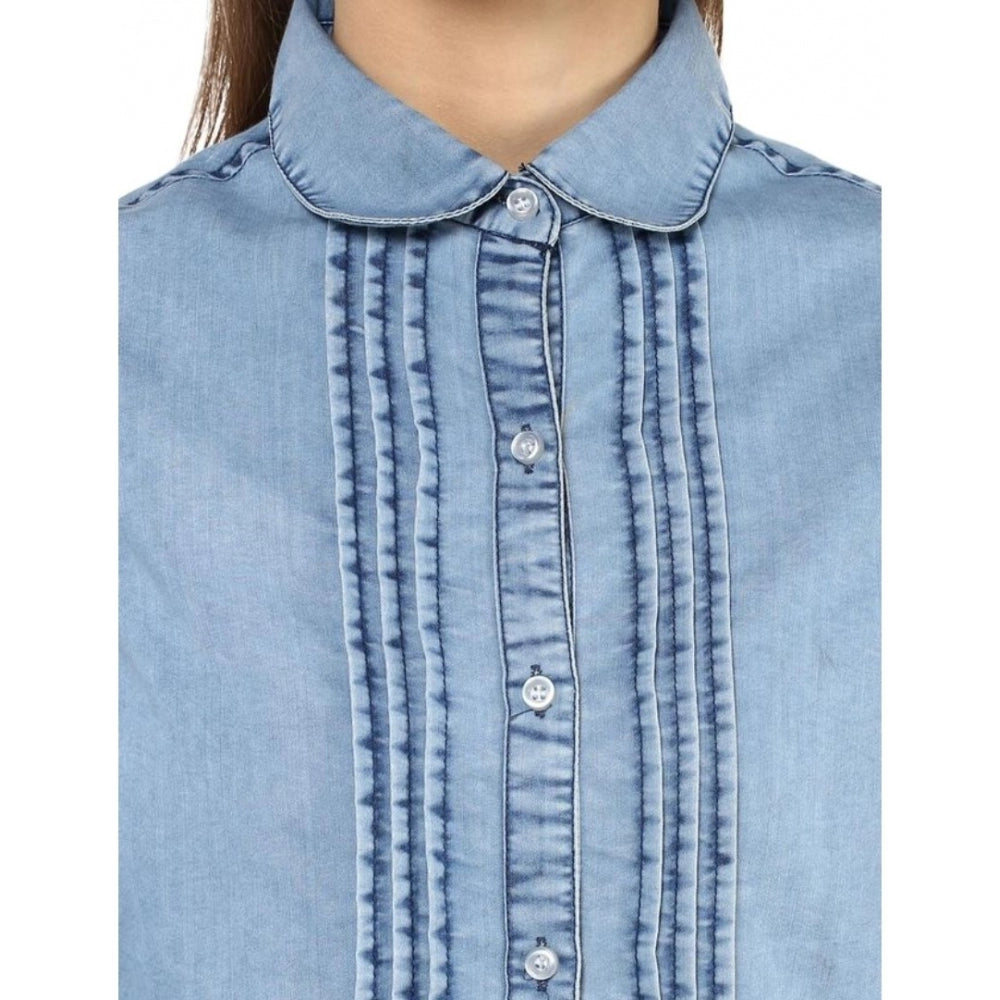 HD Women's Denim Solid 3-4th Sleeves Standard Length Shirt (Blue)
