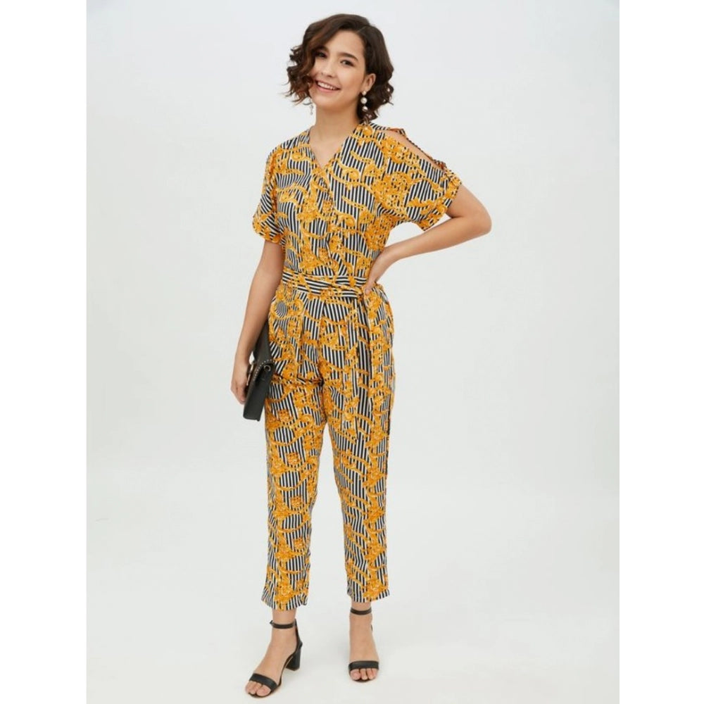 HD Women's Polyester Printed Half Sleeve Long Jumpsuit (Yellow)